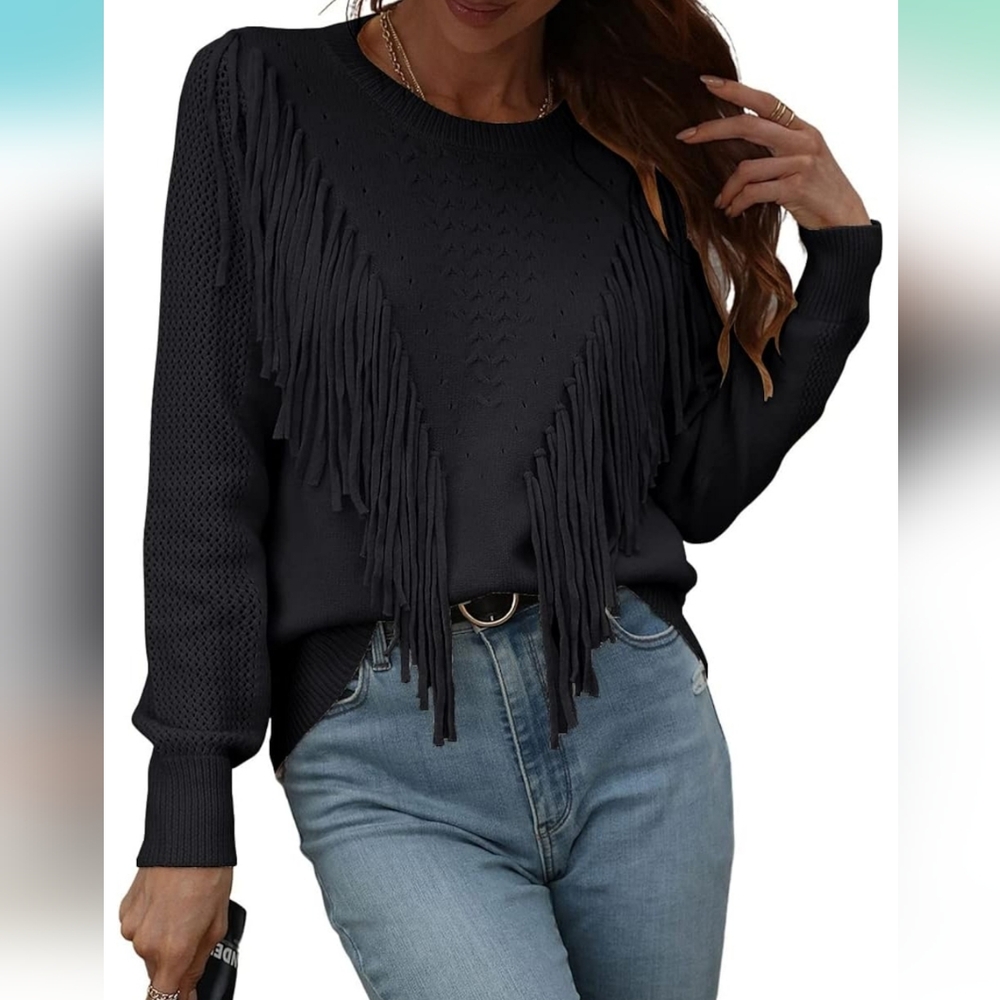 Women's Black Fringe Sweater